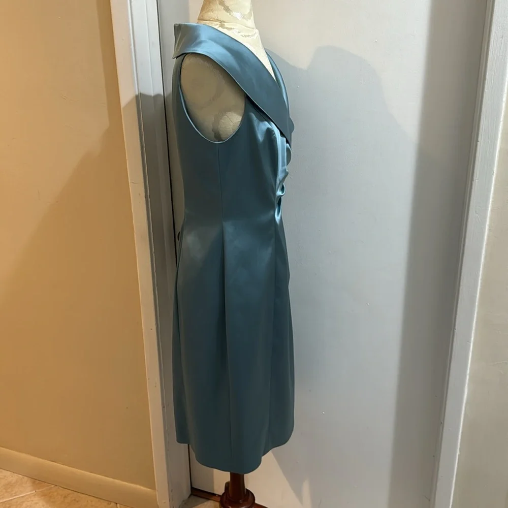 Silk Misty Blue Portrait Collar Ruched Sleeveless Tea Length Dress 10 - Picture 6 of 14